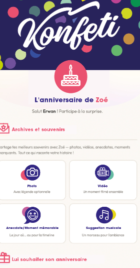 Écran de participation sur téléphone : « L'anniversaire de Zoé », avec les boutons Photo, Vidéo, Anecdote et Suggestion musicale
